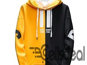 Black & Yellow Cotton Long Sleeve Hoodie For Men